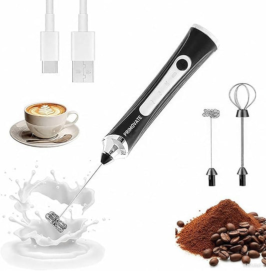 Rechargable Milk Frother, Handheld Drink Mixer with Whisk Attachment, 2025 upgraded powerfull 3 speed motor, Type C charging with charge light, with extra egg mix head (Black without Stand)