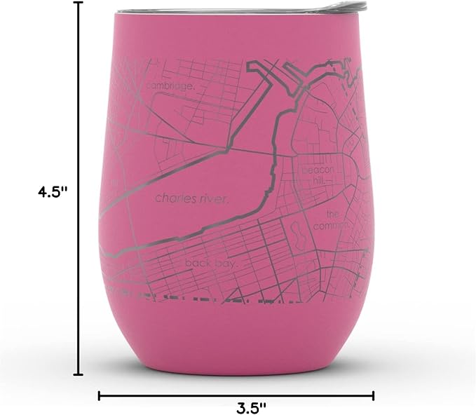 Well Told Engraved Boston Massachusetts Map Insulated Wine Tumbler, Etched Stainless Steel Cup (12 oz, Sunset Pink) City Map Insulated Tumbler, Custom Insulated Tumbler, Outdoor Drinkware