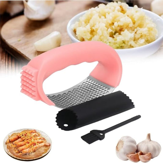 Stainless Steel Garlic Presser, 2024 New Garlic Press Rocker Garlic Mincer Garlic Crusher,Kitchen Garlic Press Mincer Crusher Solid Stainless Steel with Handle (Pink)