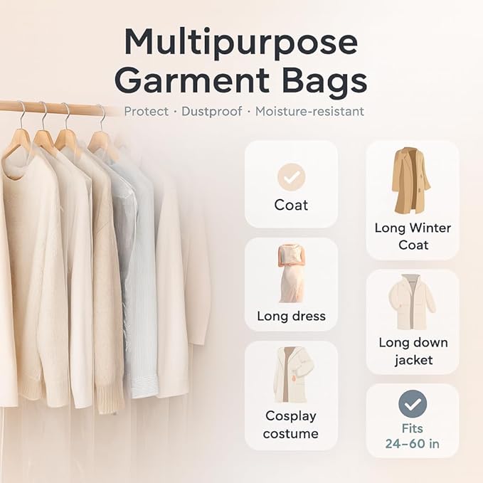 40 Pack Clear Plastic Garment Bags, 35.5" x 23.5" Clothes Covers for Hanging, Dry Cleaning Bags for Closet Storage, Dust-Proof Transparent Clothing Protectors for Long Dresses Skirt, Suits & Jackets