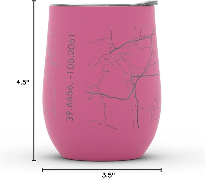 Well Told Engraved Denver Colorado Map Insulated Wine Tumbler, Etched Stainless Steel Cup (12 oz, Sunset Pink) City Map Insulated Tumbler, Custom Insulated Tumbler, Outdoor Drinkware