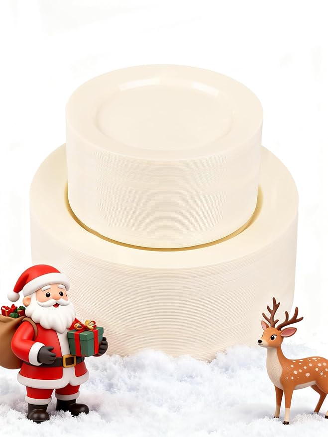 WDF 200PCS Ivory Plastic Plates - Elegant Ivory Disposable Plates for Party- Include 100 Dinner Plate 10’’ and 100 Plastic Dessert Plate 7’’ Perfect for Thanksgiving/Wedding/Party/BirthdayBaby Shower