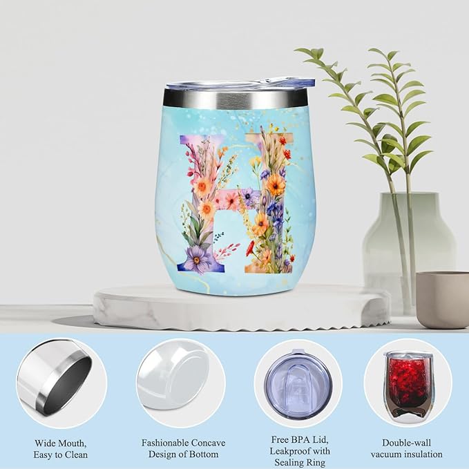 Personalized Gifts Monogrammed Birthday Gifts for Women, Bridesmaid Bachelorette Party Christmas Initial Wine Tumbler Makeup Bag Scented Candle Bracelet Set, (Aesthetic Blue Flower H)