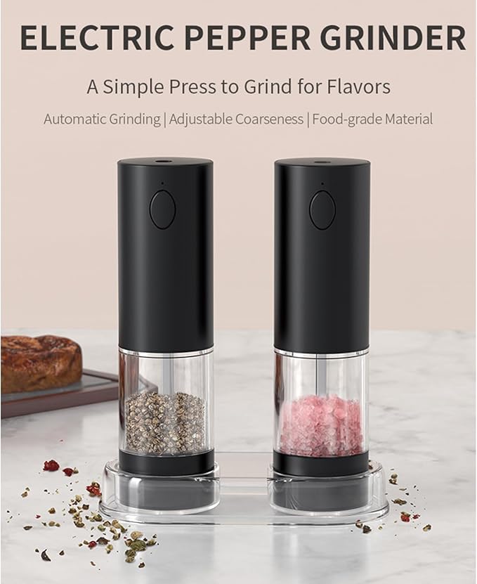 RECHARGEABLE - Electric Pepper and Salt Grinder Set, Adjustable Coarseness, With LED Light, One Hand Automatic Operation (A/Black)