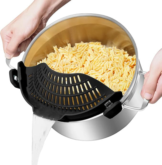 Large AUOON Clip on Strainer for All Pots and Pans - Oversized Silicone Pot Strainer Family-Style Design Pasta Strainer Kitchen Colander for Spaghetti and Noodles | Dishwasher Safe