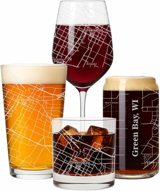 Blue Ridge Mountain Gifts - Greenbay Souvenir - Wisconsin Glassware Gift, Etched City Map, Laser Engraved and Dishwasher Safe