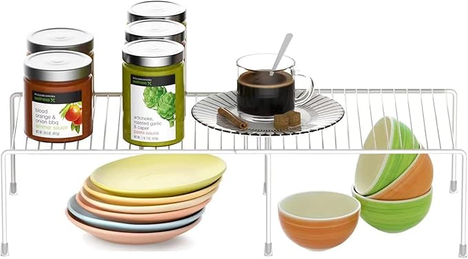 Kitchen Cabinet Organizer and Storage Shelves Expandable Freezer Shelf Organizer Rack with Scratch Resistant Feet for Counter Pantry Dish Spice Cupboards