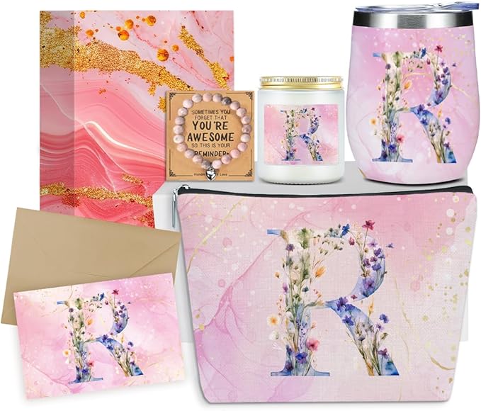 Personalized Gifts Monogrammed Birthday Gifts for Women, Mommy, Female Going Away Farewell Christmas, Initial Wine Tumbler Makeup Bag Scented Candle Bracelet Set, (Aesthetic Pink Flower R)