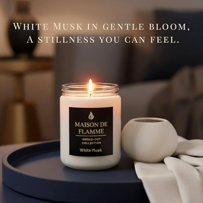 White Musk Odor-Eliminating Scented Candle, 200g/7oz White Jar – Long-Lasting Soy Wax Blend Candle for Smoke, Kitchen & Pet Odors