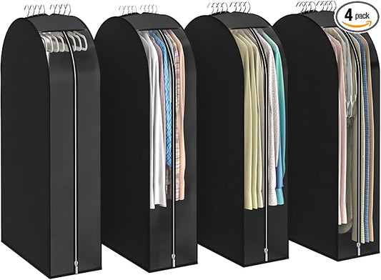 Black Garment Bags for Hanging Clothes 4 Packs, 10“ Gusseted and 43" Clothes Protectors for Hanging Clothes for Closet, Shirts, Coats, Dresses