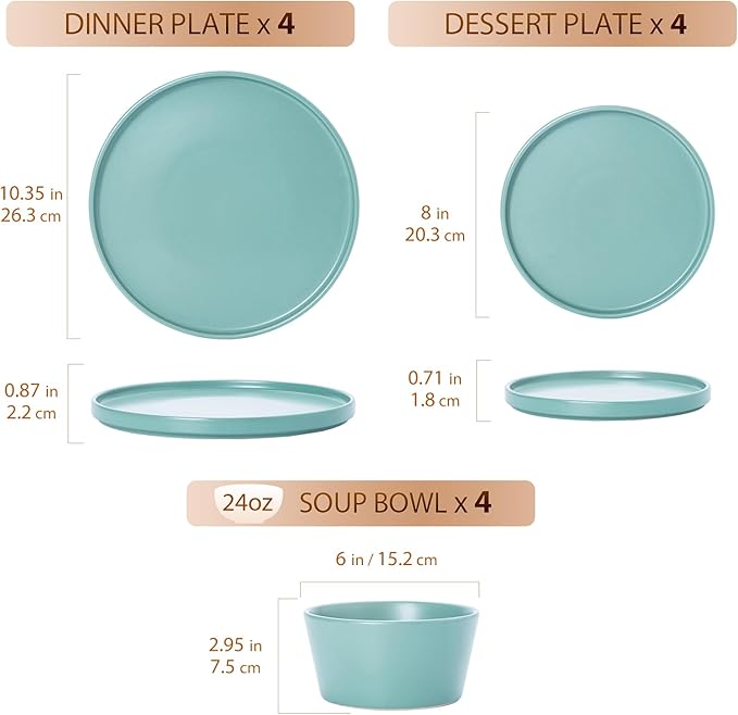 Dinnerware Sets for 4 - CJDC-QUELO 12-Piece Stoneware Plates and Bowls Sets, Ceramic Dishware Sets for Kitchen Use and Formal Dining, Chip and Scratch Resistant Microwave Dishwasher Safe, Green