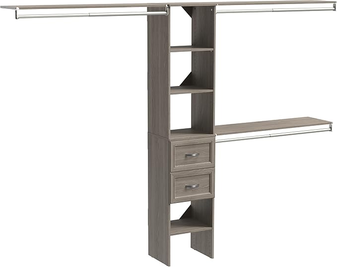 ClosetMaid SuiteSymphony Wood Closet Organizer Kit with Tower 3 Hang Rods, Top Shelves, 2 Drawers, Adjustable, Fits Spaces 5-9 ft. Wide, Graphite Grey
