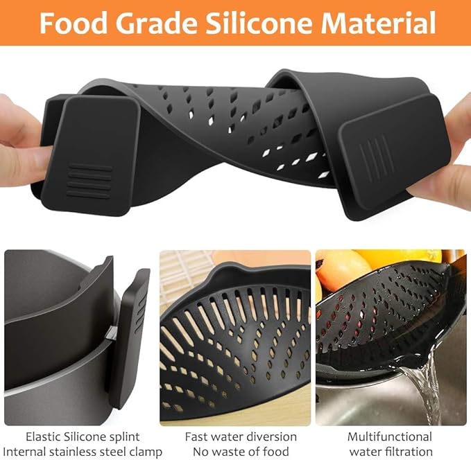 YEVIOR Clip on Strainer for Pots Pan Pasta Strainer, Silicone Food Strainer Hands-Free Pan Strainer, Clip-on Kitchen Food Strainer for Spaghetti, Pasta, Ground Beef Fits All Bowls and Pots (2P)