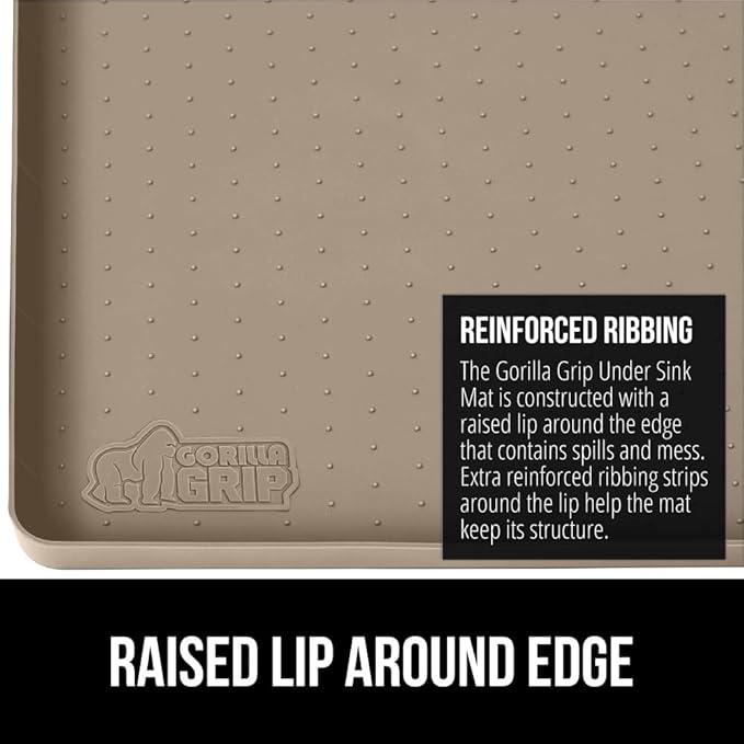 GORILLA GRIP Waterproof Silicone Under Sink Mat with Raised Lip for Kitchen and Bathroom, Cabinet Shelf Liner Stay in Place Mats Dishwasher Safe Drawer Liner, Organizer Tray, 19 x 34 in, Beige