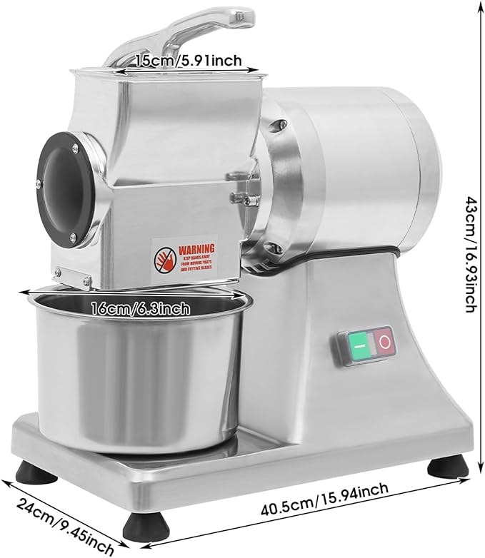 Commercial Cheese Grinder Machine, 0.75HP/550W Electric Cheese Grating Machine with Stainless Steel Bucket 5.91 Inch Feed Inlet for Garlic, Nuts 15.94 x 9.45 x 16.93 Inch (550W)