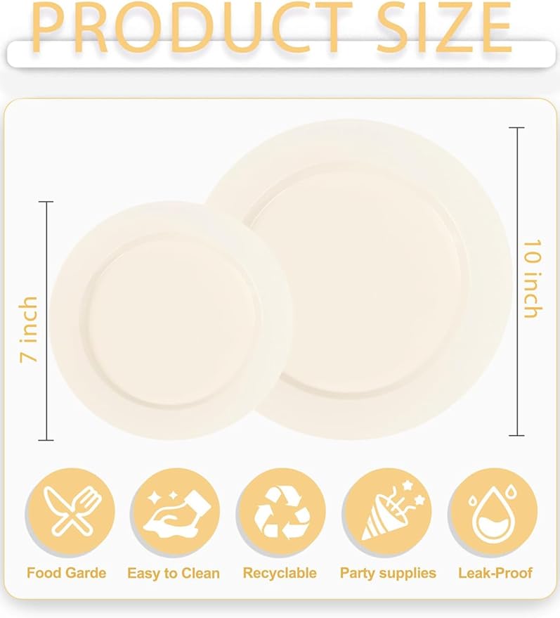WDF 200PCS Ivory Plastic Plates - Elegant Ivory Disposable Plates for Party- Include 100 Dinner Plate 10’’ and 100 Plastic Dessert Plate 7’’ Perfect for Thanksgiving/Wedding/Party/BirthdayBaby Shower