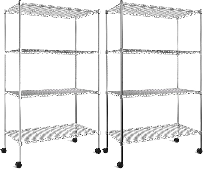 Simple Deluxe Heavy Duty 4-Shelf Shelving with Wheels, 35.43" D x 17.72" W x 61.02" H Adjustable Steel Organizer Wire Rack 1000 Lb Capacity, Chrome, 2 Pack