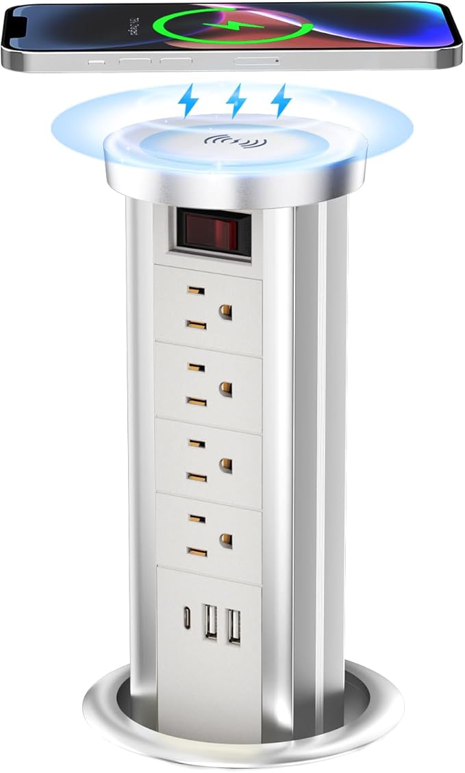 Pop Up Outlet Countertop with 10W Wireless Charger, 4 Outlets,3 USB Ports, Automatic Pop Up Outlet for Kitchen Counter Islan, Office Conference Table,Splash Resistant