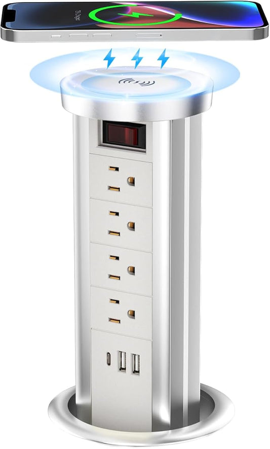 Pop Up Outlet Countertop with 10W Wireless Charger, 4 Outlets,3 USB Ports, Automatic Pop Up Outlet for Kitchen Counter Islan, Office Conference Table,Splash Resistant