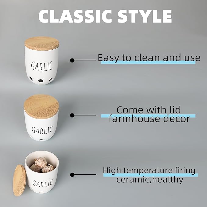 HAOTOP Ceramic Garlic Keeper for Counter, Garlic Saver Container with Wood Lid, Garlic Keeper for Kitchen, Garlic Holder to Keep Your Garlic Cloves Fresh Longer (White)