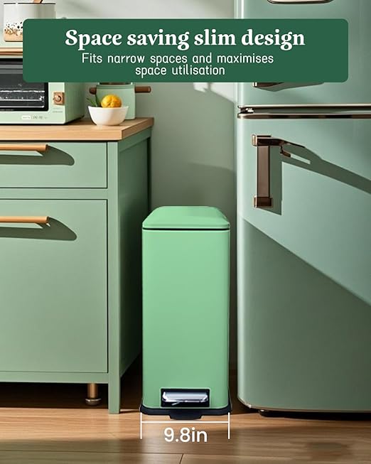 8 Gallon Slim Stainless Steel Trash Can with Step-on Lid, Narrow Kitchen Trash Can with Removal Inner Bucket, Metal Garbage Can for Bathroom, Kitchen, Office, Dorm, Green