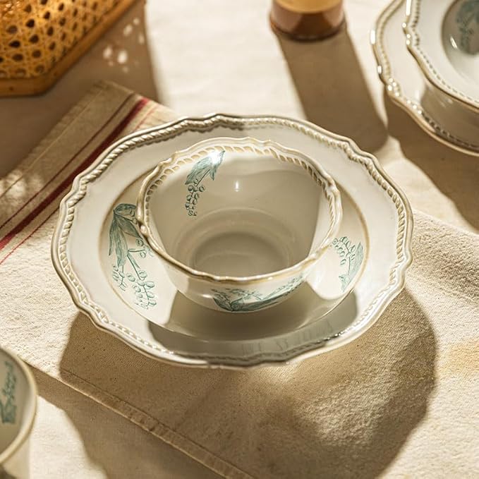 8-Piece Dinnerware Set - Lily Bloom Series, Service for 4, Includes 6'' Bowls & 10'' Plates, Retro Vintage Floral Style, Microwave & Dishwasher Safe