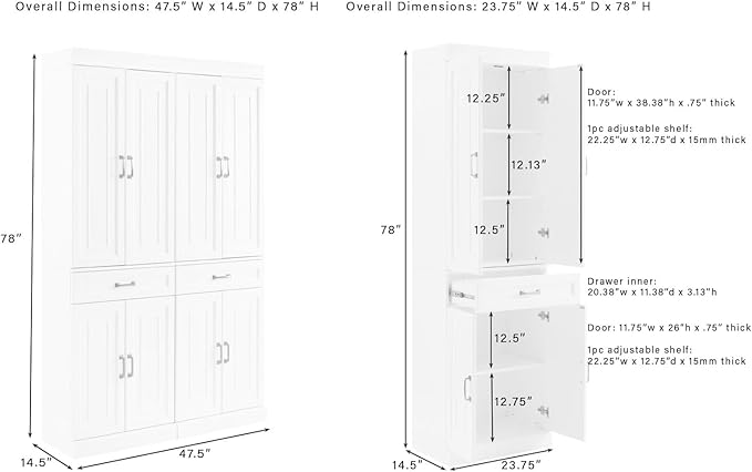 Crosley Furniture Stanton 2-Piece Pantry Storage Cabinet Set with Shelves, Kitchen, Dining, or Laundry Room, White