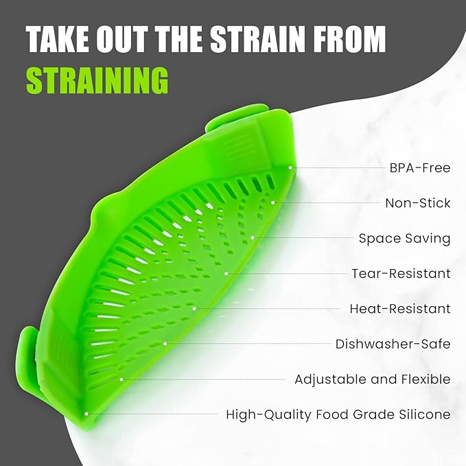 Clip On Kitchen Food Strainer for Spaghetti, Meat, Pasta, & Ground Beef Grease, Colander & Sieve Snaps or Clips Onto Bowls, Pots & Pans Includes Silicone Drainer, Brush & Garlic Peeler (Green)