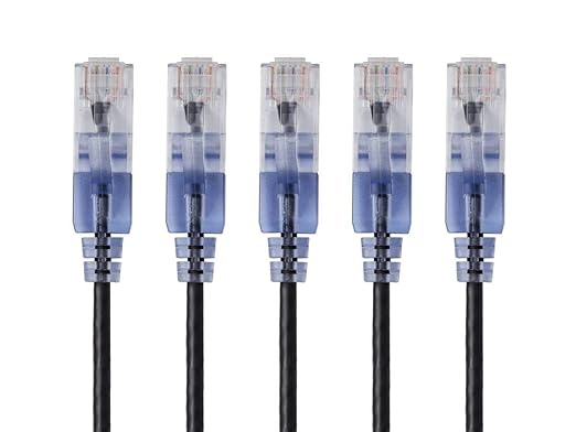 Monoprice SlimRun Cat6A Ethernet Patch Cable - Network Internet Cord - RJ45, Stranded, UTP, Pure Bare Copper Wire, 30AWG, 2 Feet, Black, 5-Pack