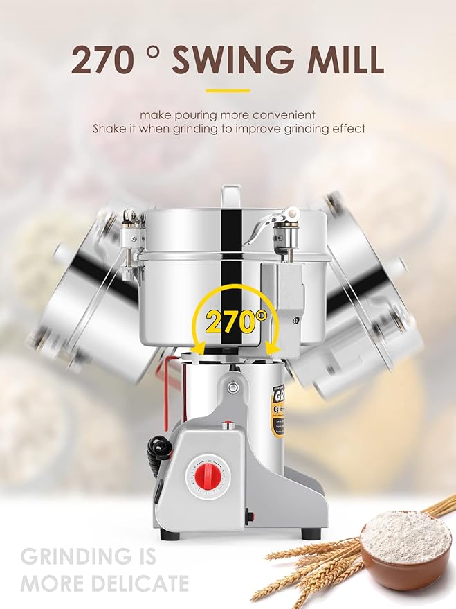 CGOLDENWALL 1000g Electric Grain Grinder Mill Safety Upgraded 3000W High-speed Spice Herb Grinder Commercial Superfine Machine Dry Cereals Pulverizer CE 110V (1000g Swing Type)