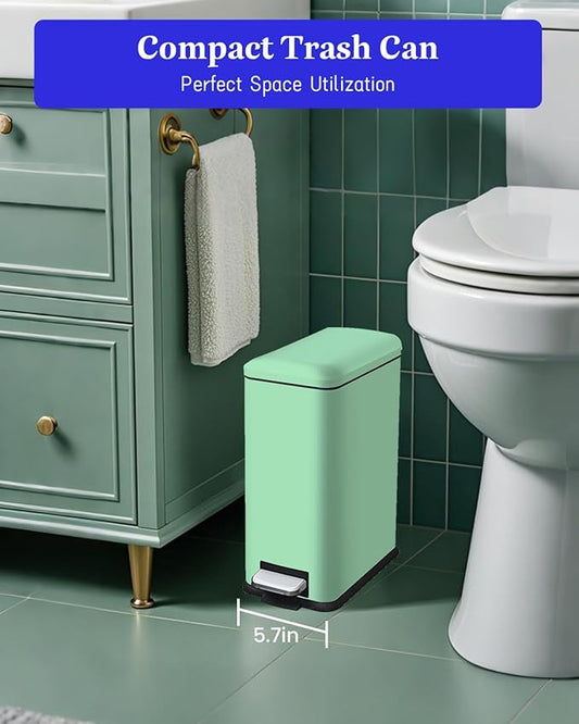 Bathroom Trash Can with Lid, 1.3 Gallon Trash Bin with Liner Bucket, Soft Close lid, Step on Green Trash Can, Stainless Steel Garbage Can for Restroom,Bedroom, Home Office