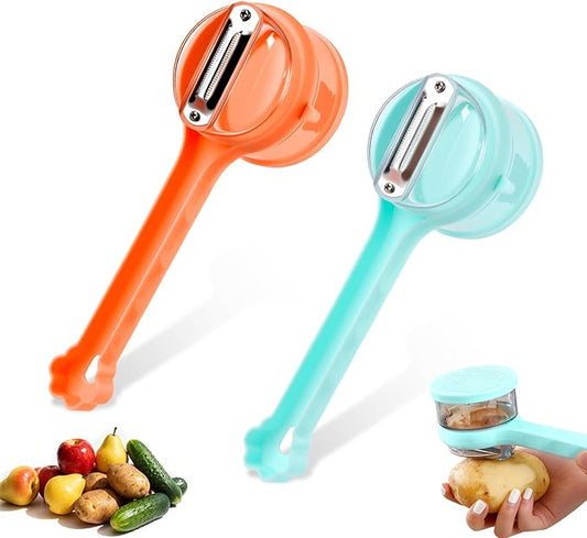 Vegetable peelers for kitchen, Upgrade Fruit Peeler with Catcher Peeler with Storage Bucket, Double-Sided Stainless Steel Multi-Function Peelers (Orange+Blue)
