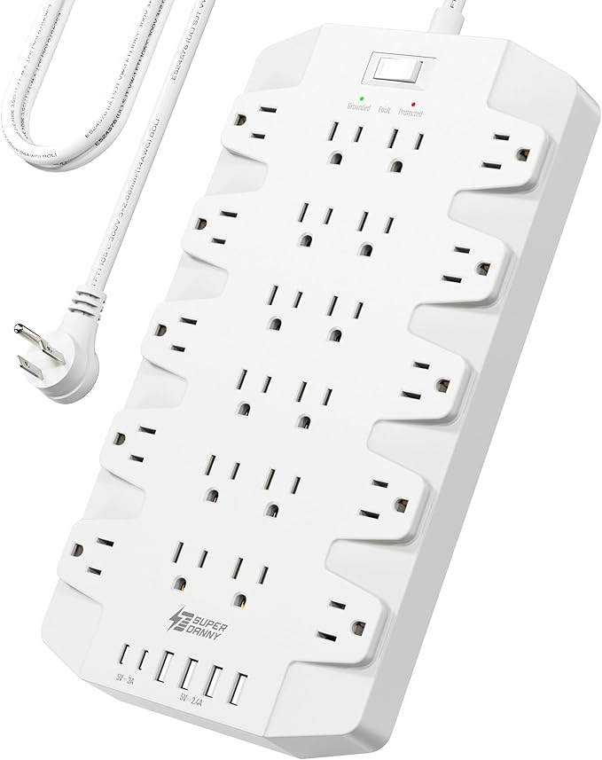 Power Strip, SUPERDANNY Surge Protector with 22 Outlets, 2 USB-C and 4 USB-A, 2100J, 6.5Ft Flat Plug Heavy Duty Extension Cord (1875W/15A), Wall Mountable for Home, Office, Dorm, Gaming Room, White