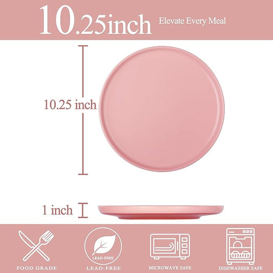 10.25-Inch Dinner Plates Set of 4, Dual Glaze Stoneware Plates, Microwave and Dishwasher Safe, Ceramic Plates for Everyday Dining, Pink