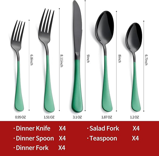 20-Piece Green Silverware Set 18/0 Stainless Steel Silverware Set Green Handle Cutlery Black Set Service for 4 Dinner Knives Forks Spoons Set Flatware SetFinish Dishwasher Safe