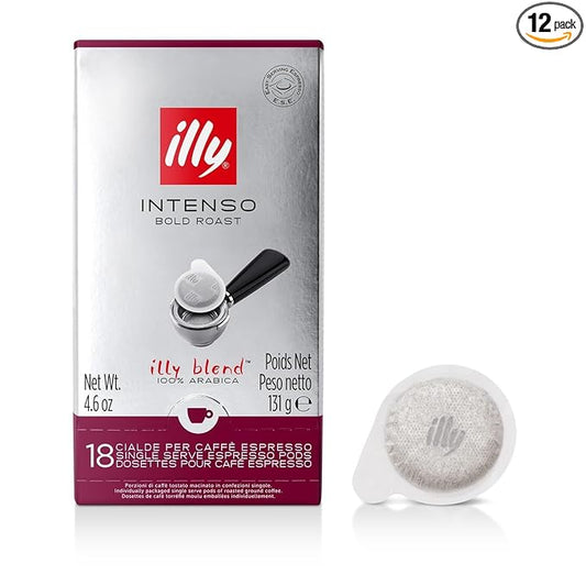 illy E.S.E. Coffee Pods - Single-Serve Capsules – Intenso Dark Roast - Notes Of Cocoa & Dried Fruit - For E.S.E Machines - Extraordinary Aroma & Body – 18 Count, 12 Pack