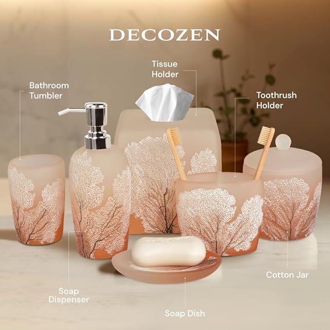 Decozen Bathroom Accessories Set 6Pcs – Soap Dispenser, Toothbrush Holder, Tumbler, Soap Dish & Cotton Swab Jar – Modern Bathroom Decor, Bath Set for Christmas Decor, Carruthers