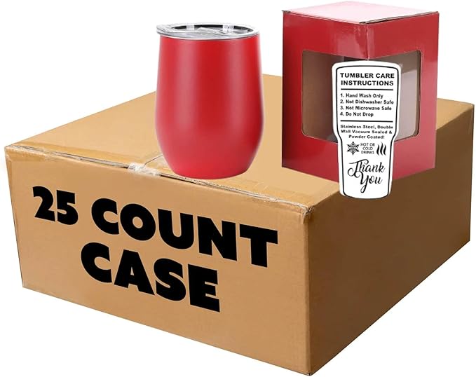 makerflo 12 oz Red Powder Coated Wine Tumbler with Leak-Proof Clear Lid - Pack of 25, Ideal for Craft and Personalization (Laser Engraving, UV DTF, Epoxy, and Vinyl)
