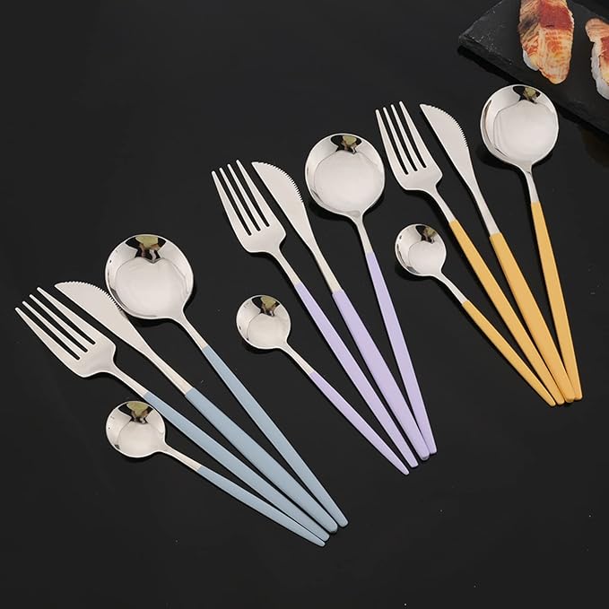 JASHII Flatware Set 24 Piece, Stainless Steel Silverware Set, Macaron Small Fresh Color Cutlery Set, Modern Elegant Tableware Set for Party, Christmas, Dinner (Haze Blue Silver)