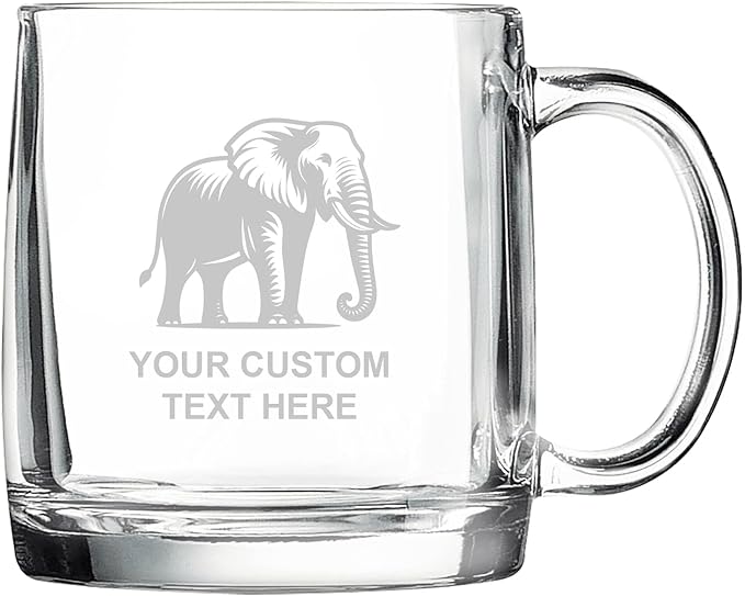 Elephant, Personalized 12.5 oz Polar Camel Glass Coffee Desk Mug – Custom Laser Engraved Clear Cup for Tea, Espresso, Latte, Whiskey - Microwave Safe/Made in USA