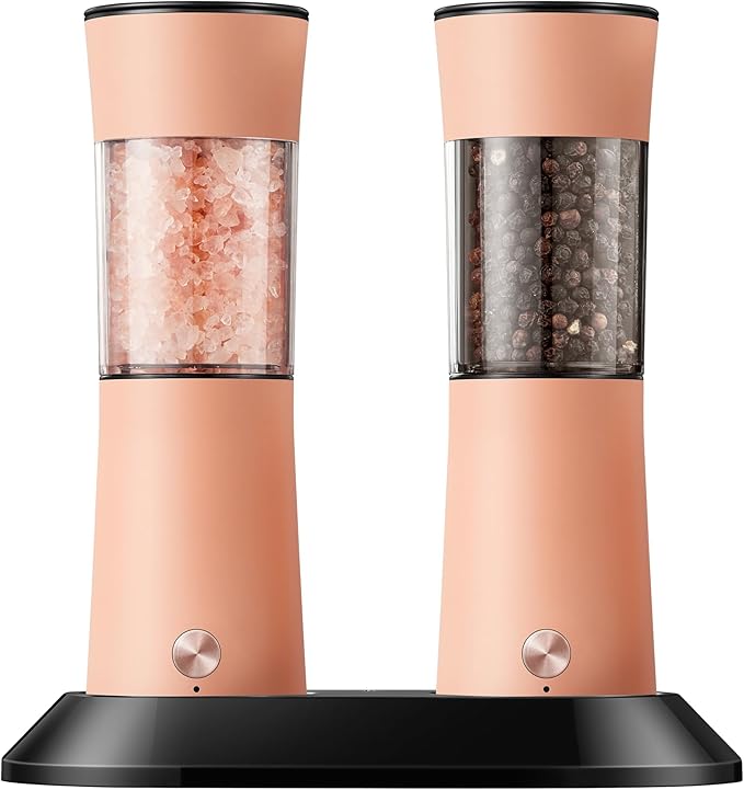 Gravity Electric Salt and Pepper Grinder Set with USB-C Charging Base,Rechargeable Automatic Stainless Steel Pepper Mill Grinder with LED Light, 2pack+Peach Orange (Peach Orange)