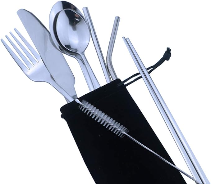 Gugrida Silver Reusable Utensils with Case, Healthy & Eco-Friendly 8 Pieces Portable Stainless Steel Flatware Tableware Dinnerware Set, Portable Travel Camping Cutlery Knife Fork Spoon Straws Set