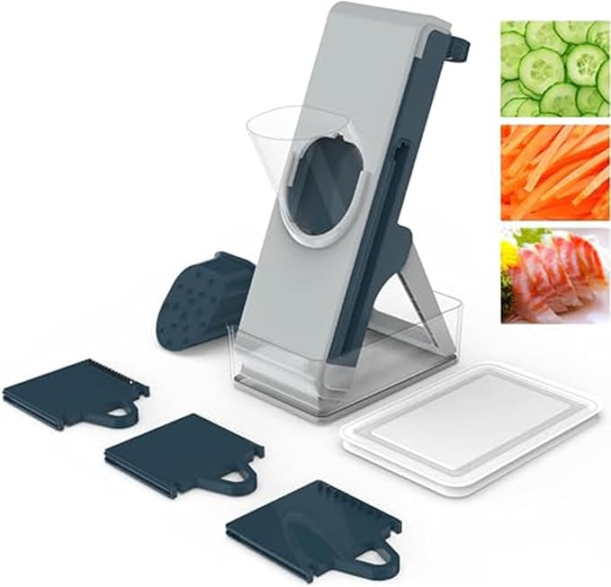 Eletronova Blue Mandoline Slicer, Vegetable Slicer, French Fry Cutter, Stainless Steel Blade, Plastic Body
