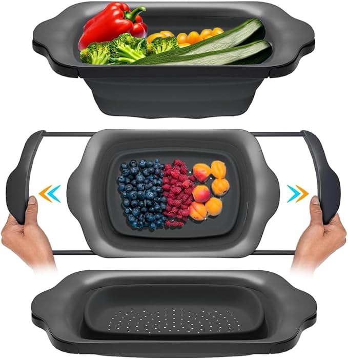 Over-the-Sink Colander with Handles – Sleek Plastic Black Kitchen Strainer for Pasta, Vegetables & Fruits – Space-Saving Design – 17.1 x 10.1 x 1.4 Inches