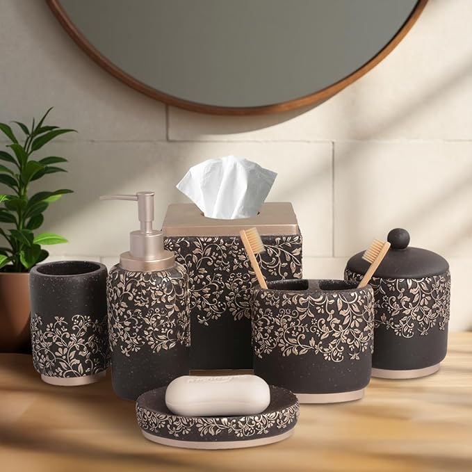 Decozen Bathroom Accessories Set 6Pcs – Soap Dispenser, Toothbrush Holder, Tumbler, Soap Dish & Cotton Swab Jar – Modern Bathroom Decor, Bath Set for Christmas Decor, Stella