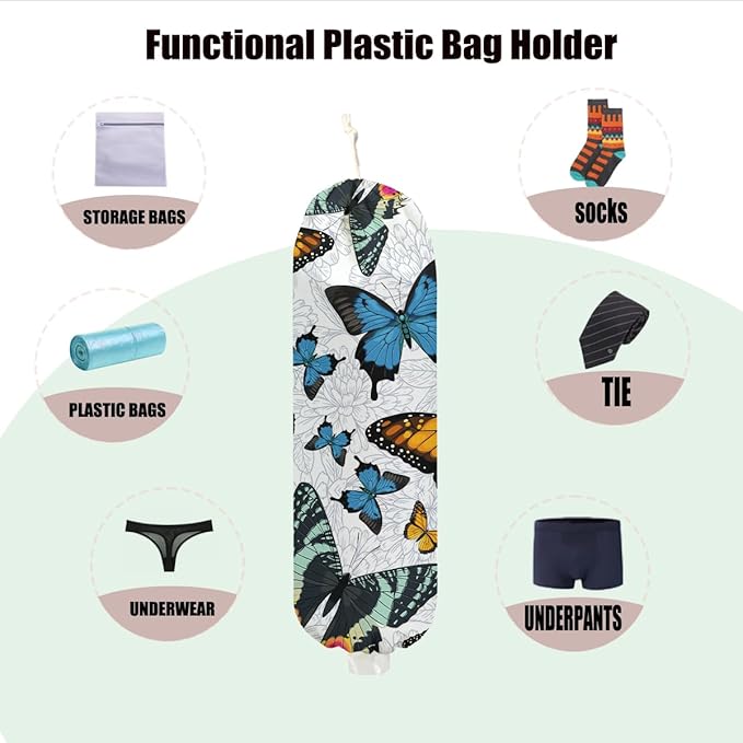 Butterfly Plastic Bag Holder, Flower Wall Mount Plastic Bag Holders for Grocery Bags, Washable Grocery Bags Storage Dispenser for Home Kitchen Pantry Decor, Butterfly Gifts for Women Mom Wife