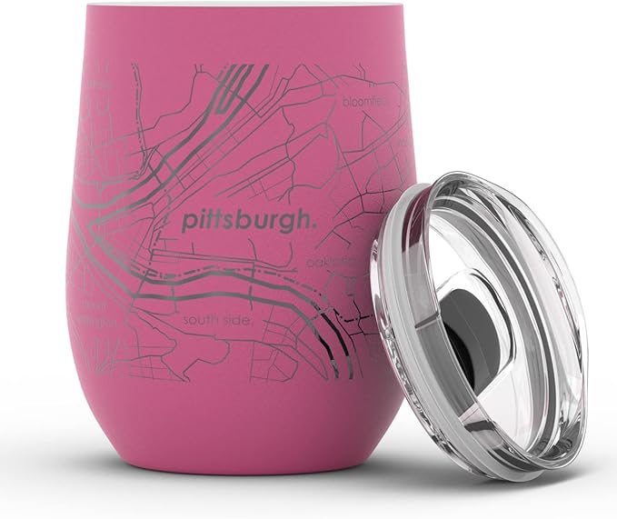 Well Told Engraved Pittsburgh Pennsylvania Map Insulated Wine Tumbler, Etched Stainless Steel Cup (12 oz, Sunset Pink) City Map Insulated Tumbler, Custom Insulated Tumbler, Outdoor Drinkware