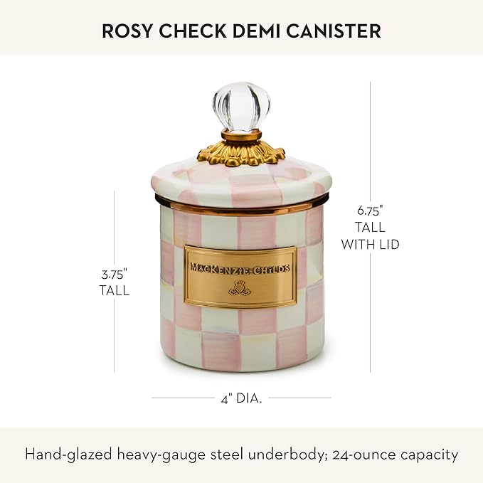 MACKENZIE-CHILDS Rosy Check Enamel Canister, Pink-and-White Kitchen Storage Container with Lid, Demi