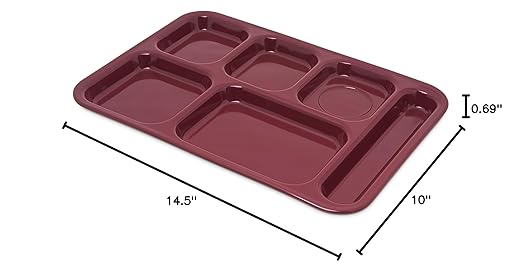 Carlisle FoodService Products Right Hand 6-Compartment Melamine Tray 14.5" x 10" - Dark Cranberry (Pack of 12)