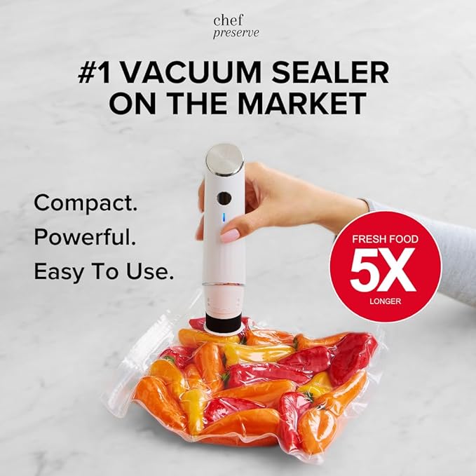 Chef Preserve Compact Vacuum Sealer for Food (Vacuum Sealer Machine + 3 Glass Vacuum Containers + 30 Reusable Vacuum Bags) Powerful Handheld Vacuum Seal Machine, Seal Meal Saver, Portable Food Sealer